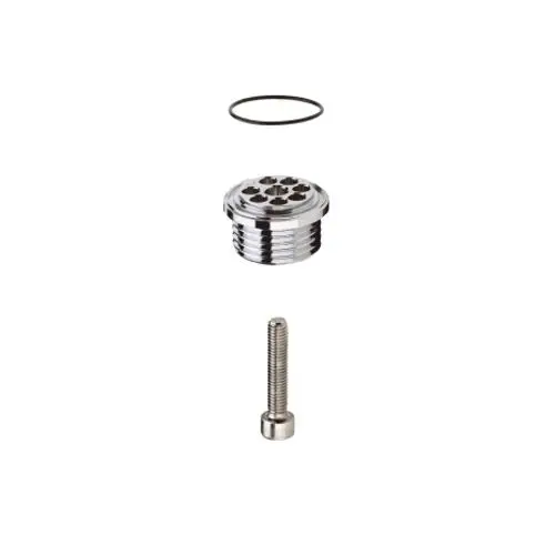 Ersatzteil von Hansgrohe mit mehreren Komponenten: ein runder Auslaufnippel, ein O-Ring und eine Schraube. Ideal für Installationen und Reparaturen im Sanitärbereich.